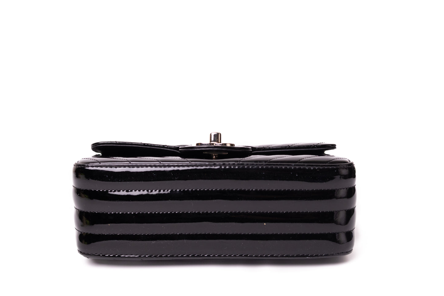 PATENT CALFSKIN CHEVRON QUILTED MINI FLAP BLACK