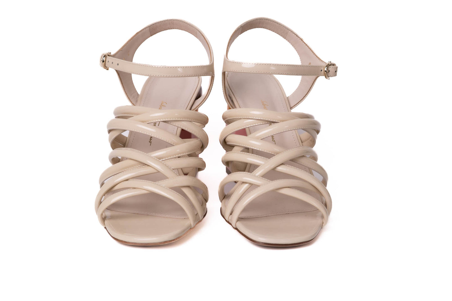 SALVATORE FERRAGAMO LEONOR 85 PATENT LEATHER STRAPPY HEELS