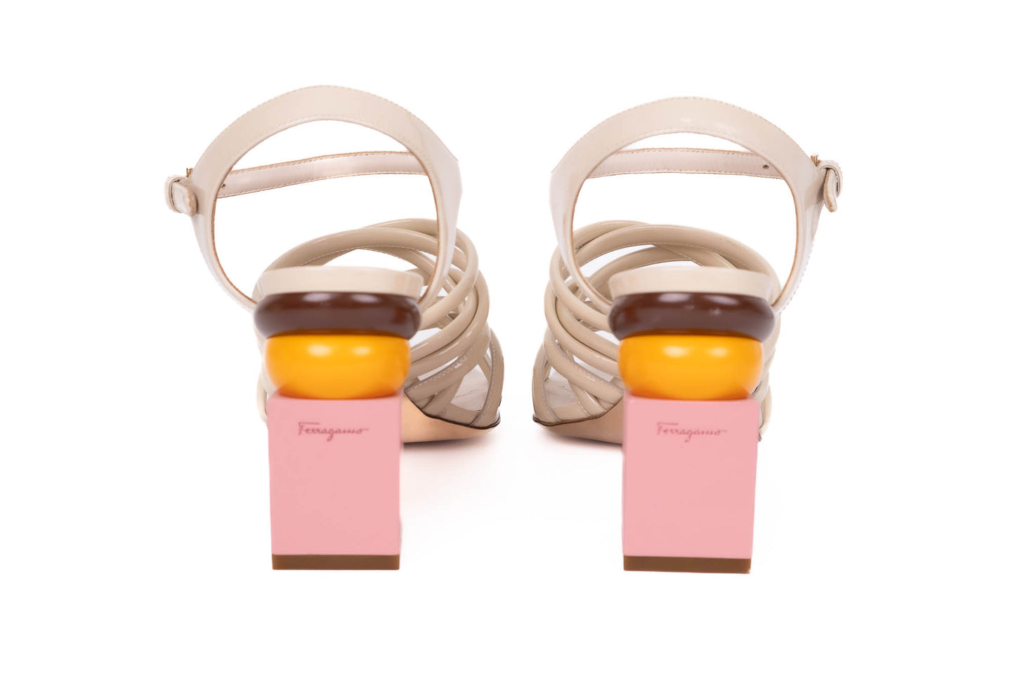 SALVATORE FERRAGAMO LEONOR 85 PATENT LEATHER STRAPPY HEELS
