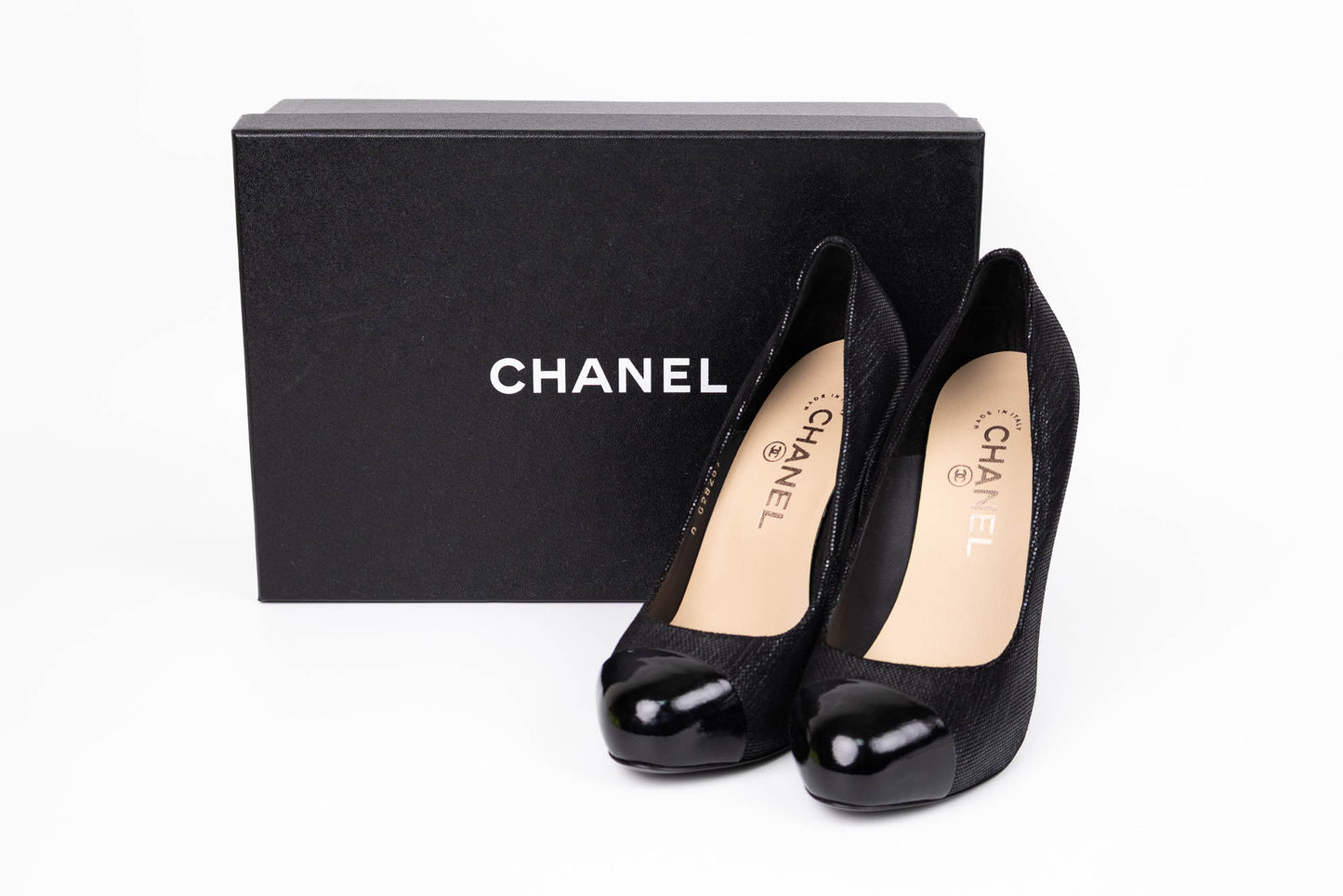 CHANEL IRIDESCENT FABRIC PATENT CC CAP TOE PUMPS BLACK