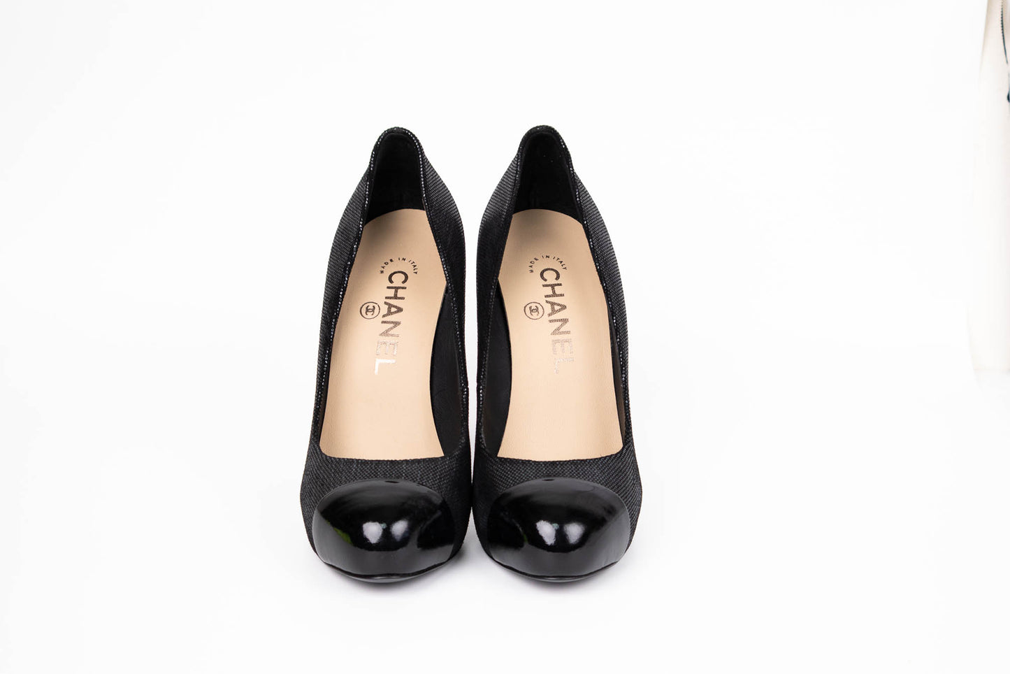CHANEL IRIDESCENT FABRIC PATENT CC CAP TOE PUMPS BLACK