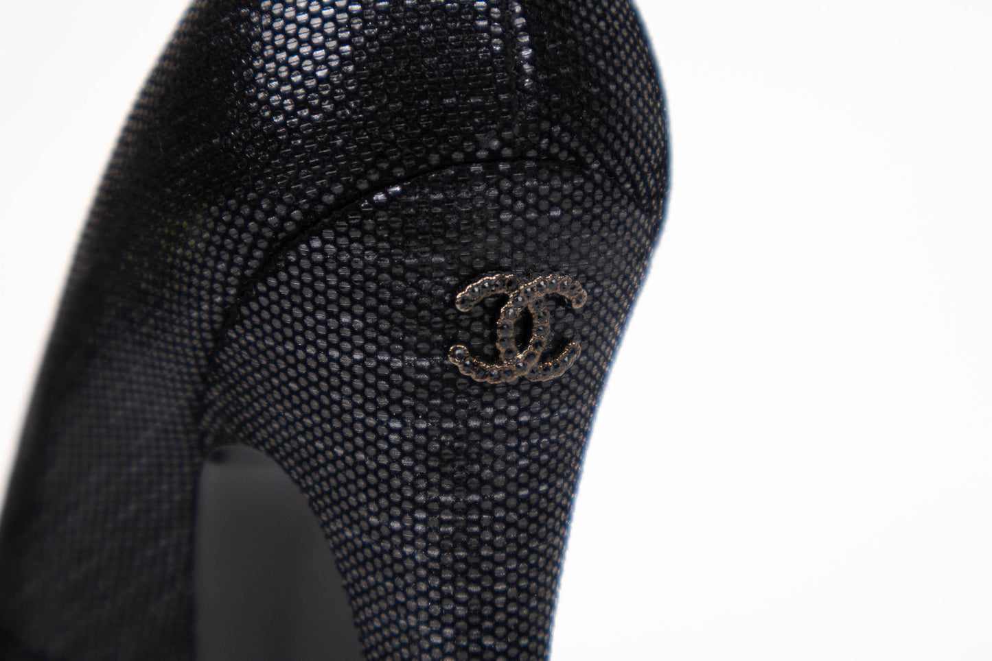 CHANEL IRIDESCENT FABRIC PATENT CC CAP TOE PUMPS BLACK
