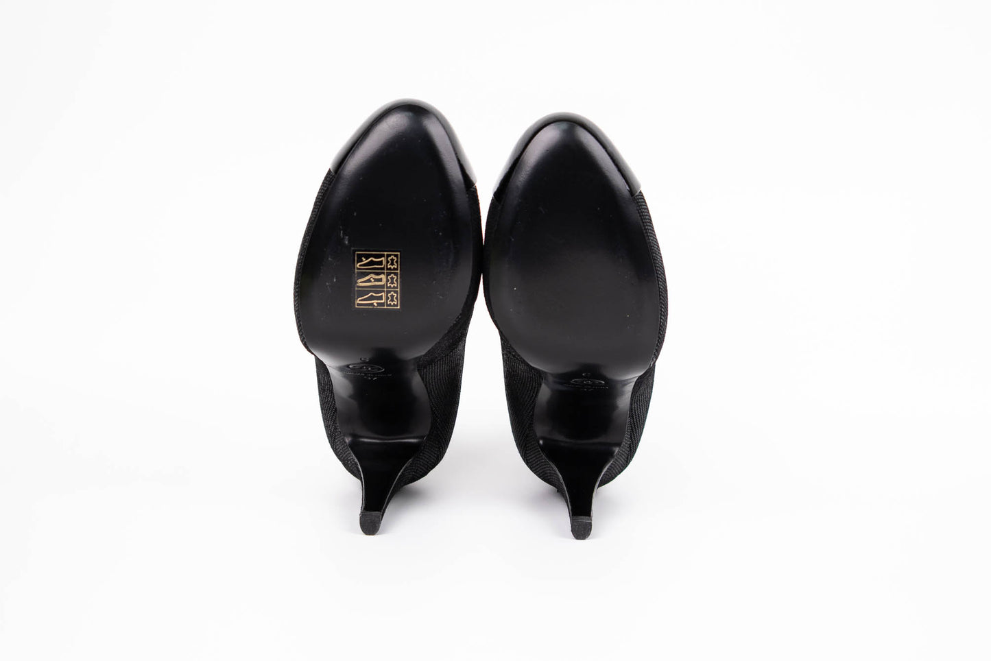 CHANEL IRIDESCENT FABRIC PATENT CC CAP TOE PUMPS BLACK