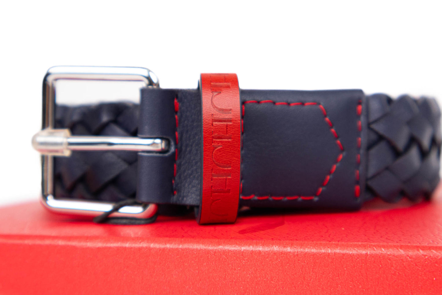 CINTURÓN CH TRENZADO AZUL NAVY Y ROJO