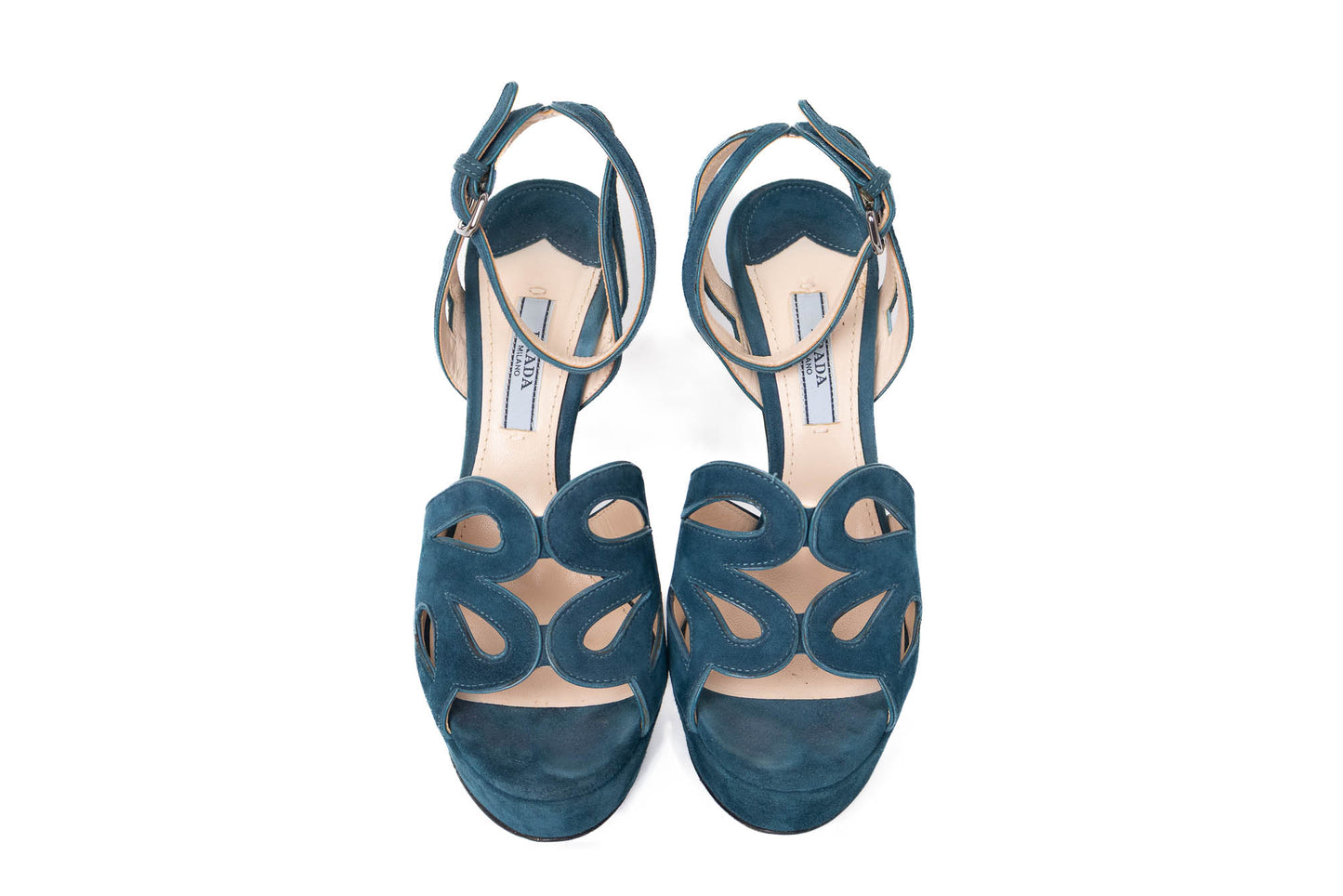 PRADA CUTOUT SUEDE ANKLE PLATFORM SANDALS