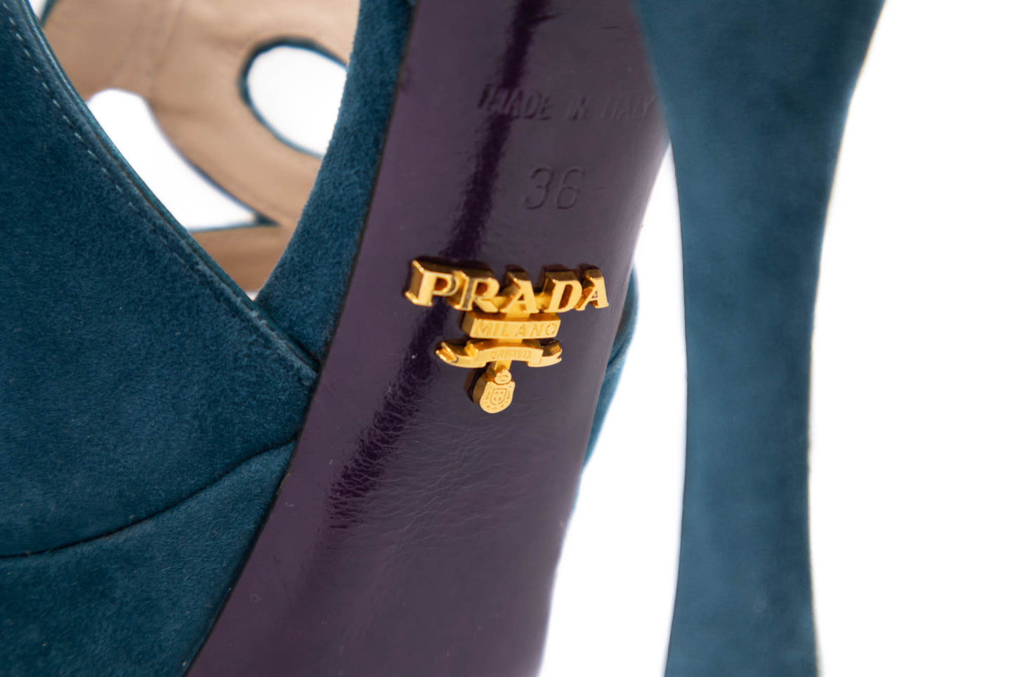 PRADA CUTOUT SUEDE ANKLE PLATFORM SANDALS