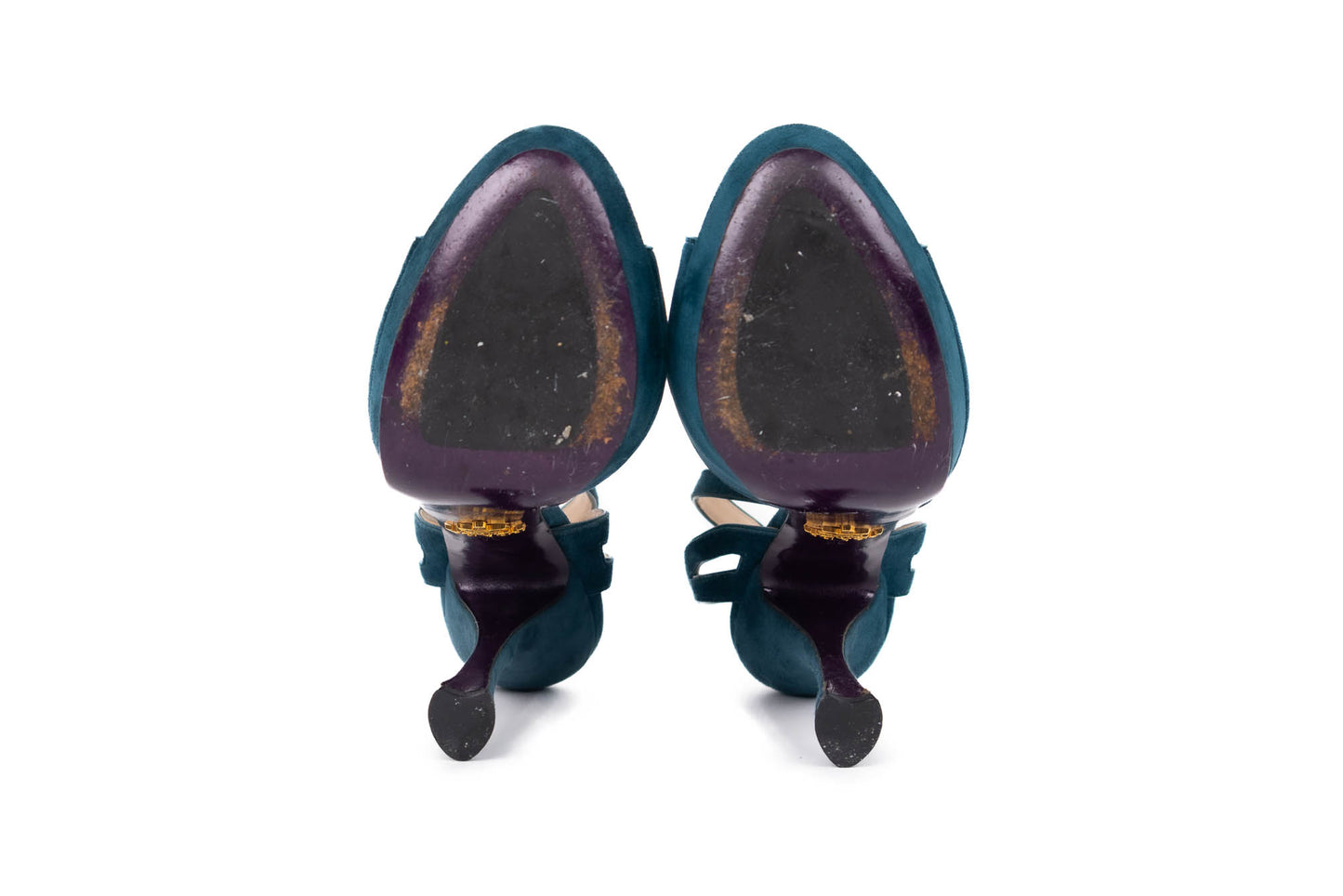 PRADA CUTOUT SUEDE ANKLE PLATFORM SANDALS