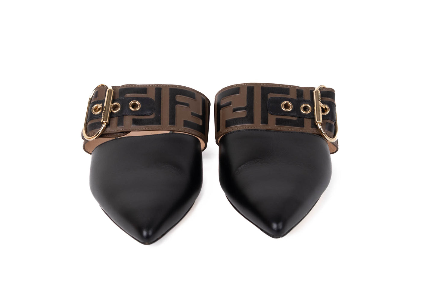 FENDI VITELLO FF EMBOSSED BUCKLE FLAT MULE