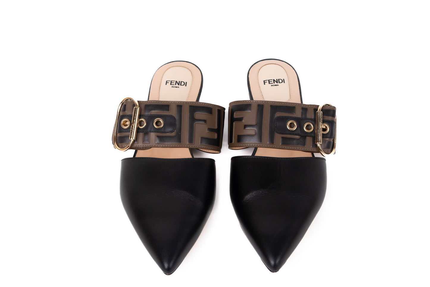 FENDI VITELLO FF EMBOSSED BUCKLE FLAT MULE