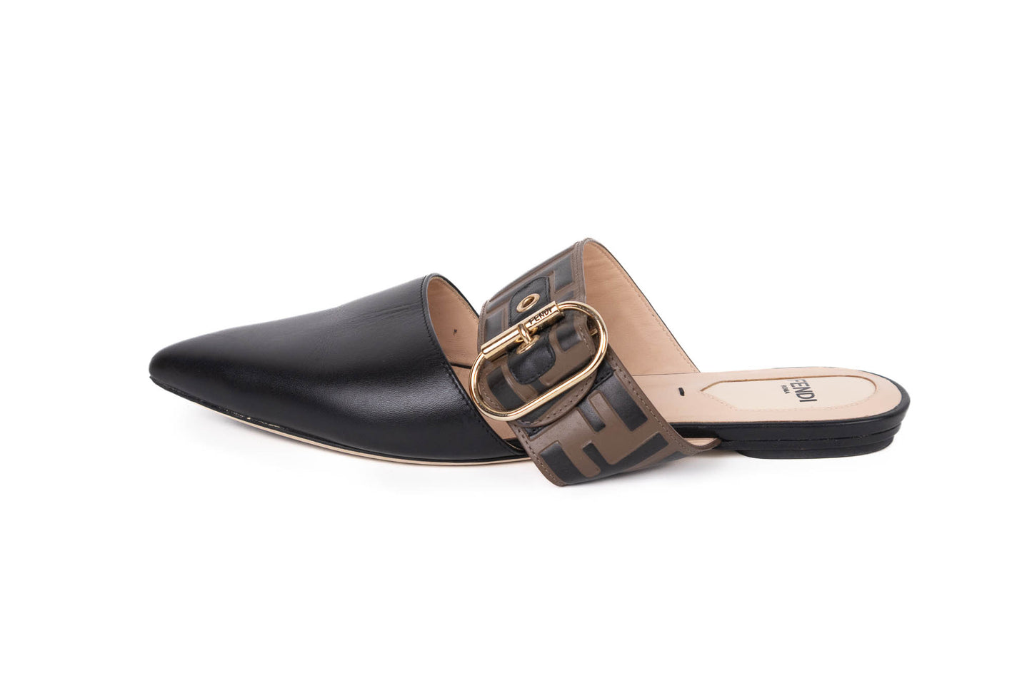 FENDI VITELLO FF EMBOSSED BUCKLE FLAT MULE