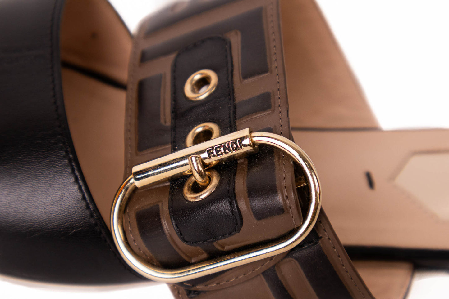 FENDI VITELLO FF EMBOSSED BUCKLE FLAT MULE