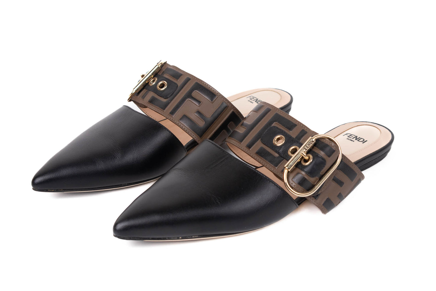 FENDI VITELLO FF EMBOSSED BUCKLE FLAT MULE