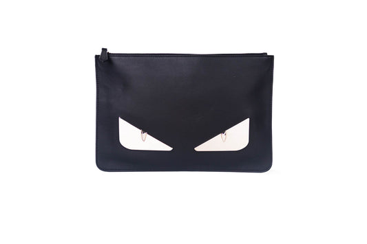 FENDI VITELLO CENTURY METAL MONSTER EYES POUCH BLACK