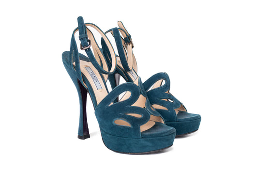 PRADA CUTOUT SUEDE ANKLE PLATFORM SANDALS