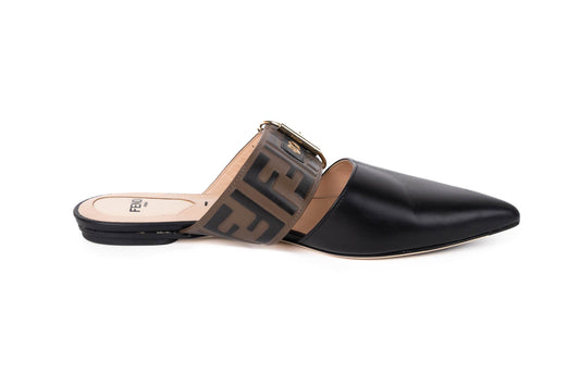 FENDI VITELLO FF EMBOSSED BUCKLE FLAT MULE