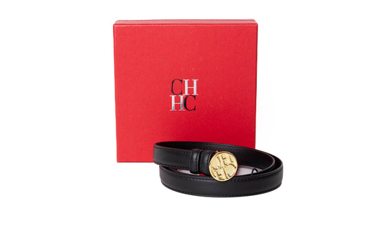 CINTURÓN CH LEATHER NEGRO HEBILLA CIRCULAR DORADA