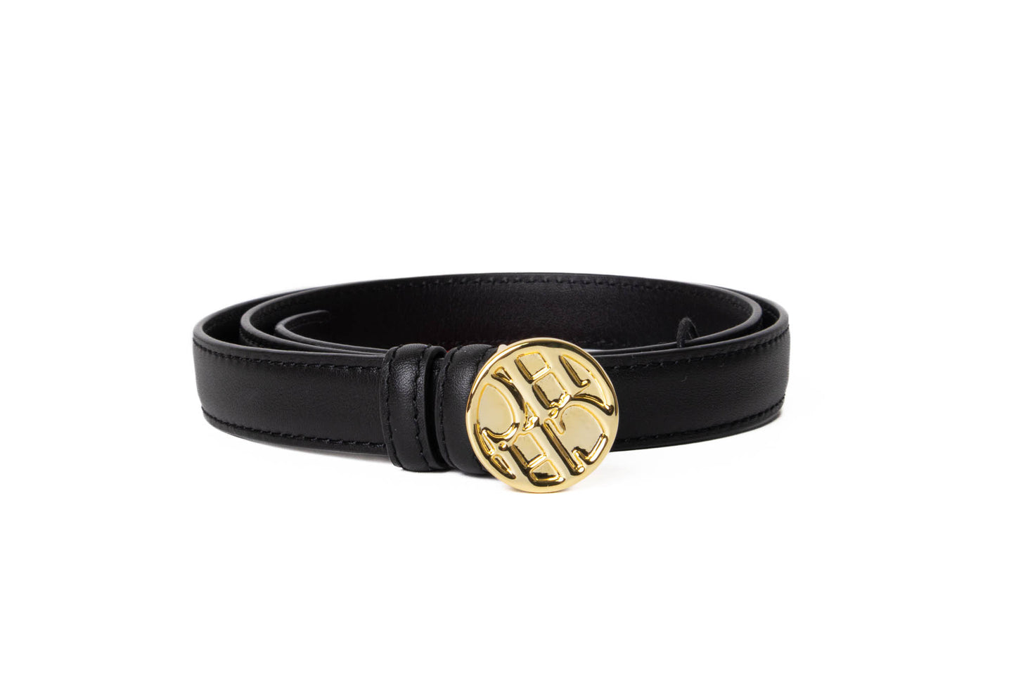 CINTURÓN CH LEATHER NEGRO HEBILLA CIRCULAR DORADA