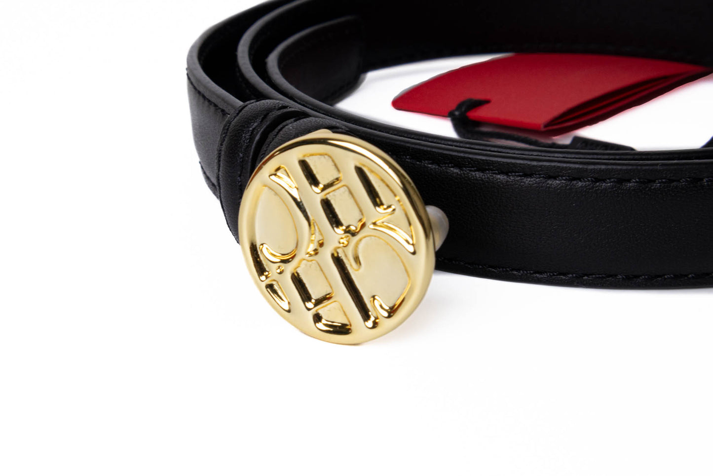 CINTURÓN CH LEATHER NEGRO HEBILLA CIRCULAR DORADA