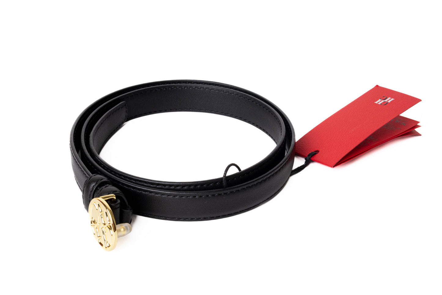 CINTURÓN CH LEATHER NEGRO HEBILLA CIRCULAR DORADA